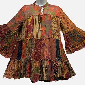 Nw FUNKY STUFF patch boho tiered babydoll sheer chiffon viscose TOP L
